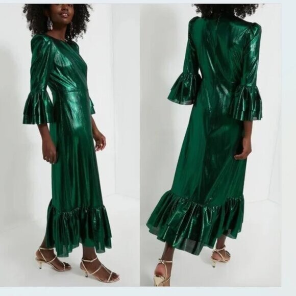 Pomander Place | NEW Emerald Crinkle Lurex Lillith Maxi Dress Size S - Picture 2 of 11